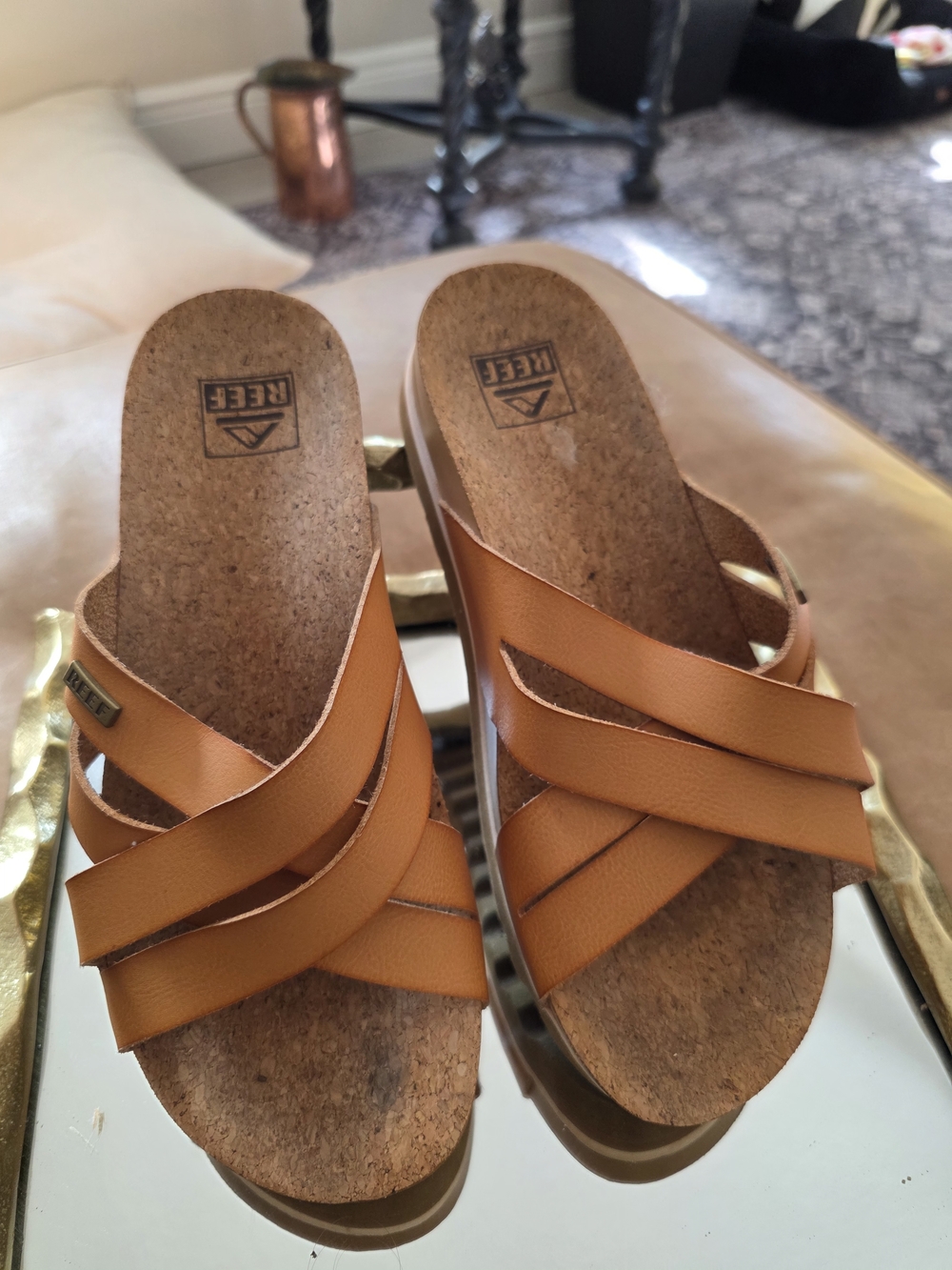 Reef Women's Cognac Tan Leather Cork Slide Mules